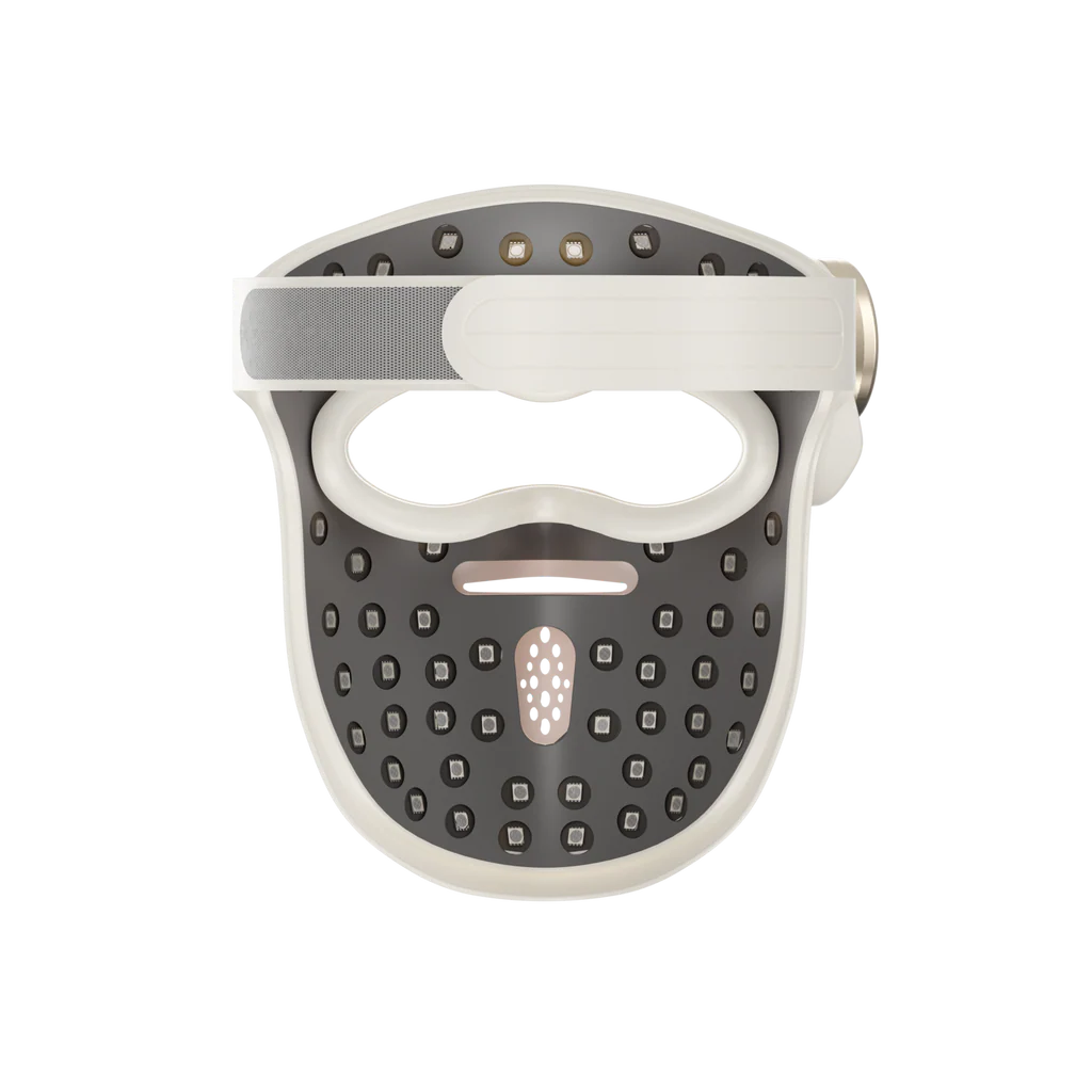 Dreame Chrona LED Face Mask in white and dark grey featuring multiple LED light points on top and ventilation holes across the front panel, front-facing view against white background
