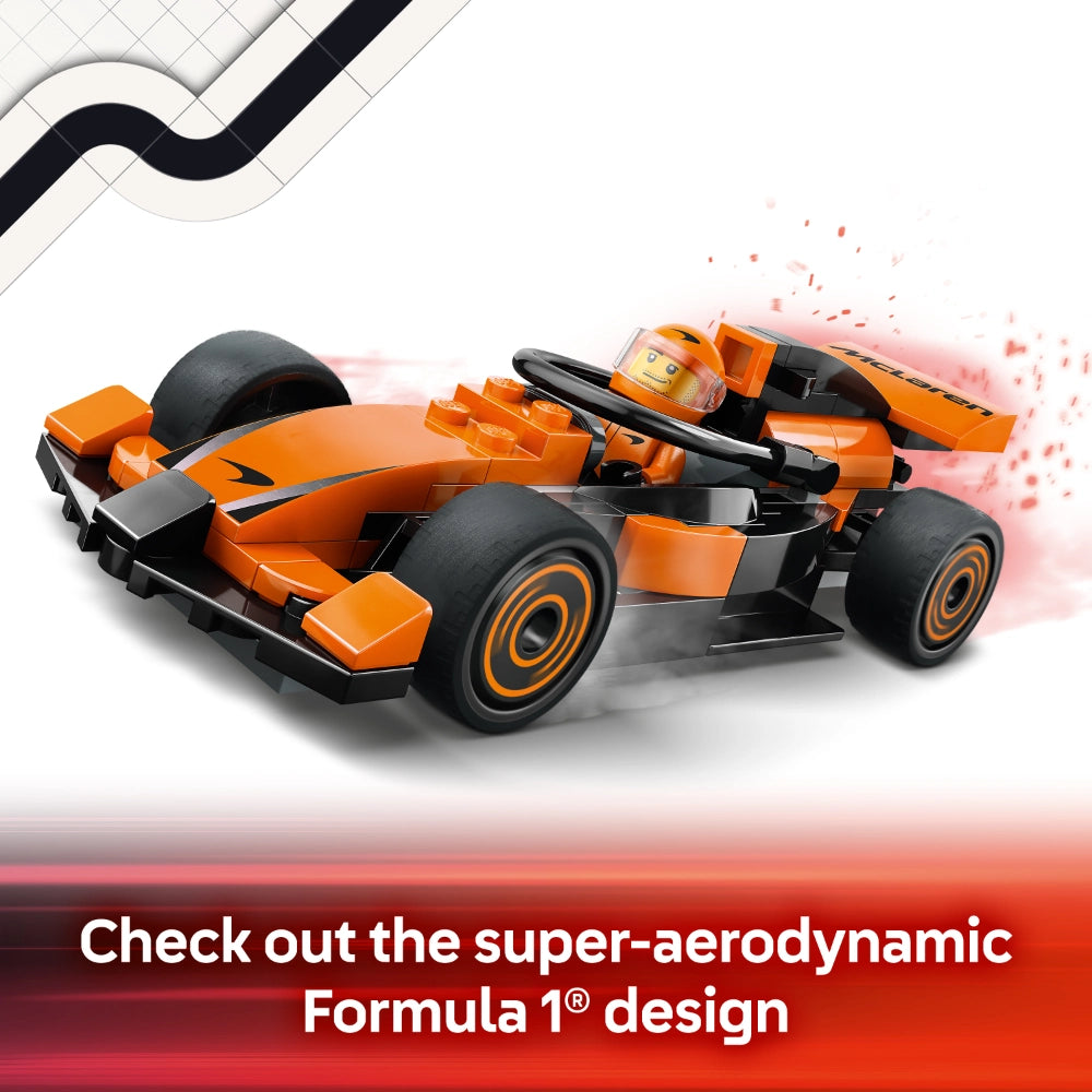 LEGO Formula 1 McLaren race car set featuring bright orange and black buildable F1 car with minifigure driver, showcasing aerodynamic design with speed effects against white background