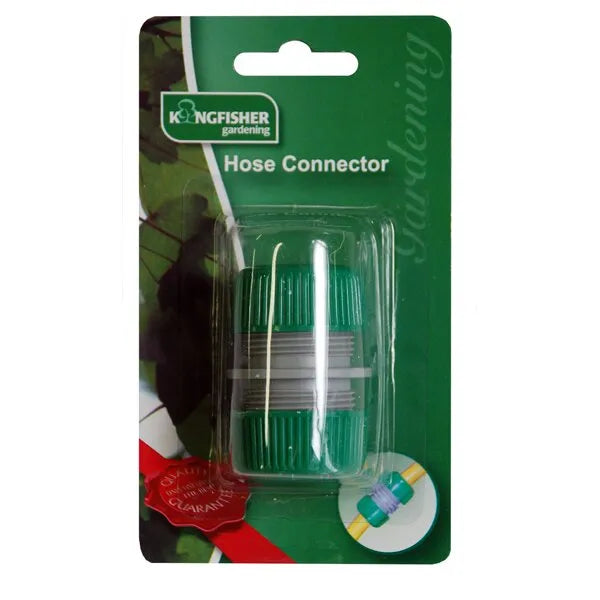 Kingfisher Gardening 1/2 inch hose connector in green packaging showing transparent plastic connector with metal threaded bands and color-coded grip rings
