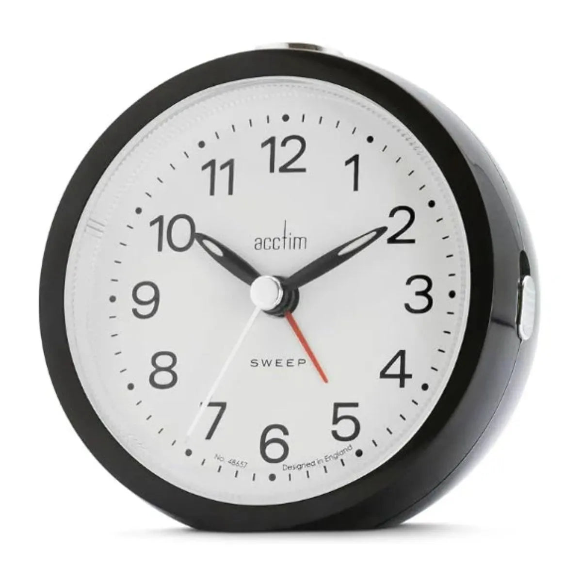 Acctim Elana black analogue alarm clock with white face, Arabic numerals, sweep second hand, and non-ticking mechanism, displayed against white background