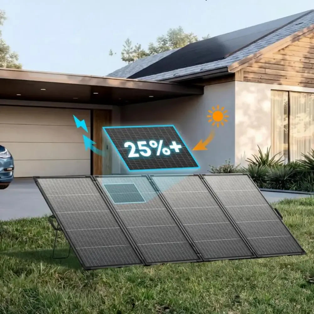 Anker SOLIX PS400 bifacial portable solar panel displayed on grass in front of a modern house with garage, showing 25% efficiency rating with sun and lightning bolt graphics indicating high performance