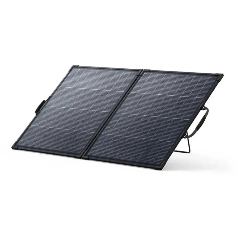 Anker SOLIX PS200 bifacial portable solar panel with two black rectangular panels connected by a hinge, featuring a carrying handle and adjustable kickstand on white background
