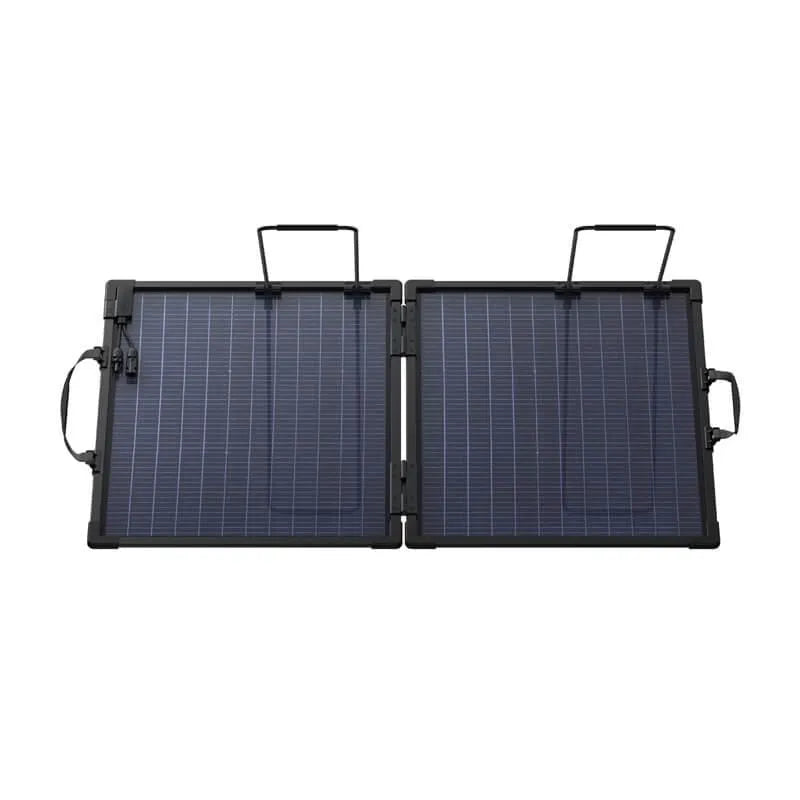Anker SOLIX PS100 bifacial portable solar panel with two black-framed panels connected by hinges, featuring blue solar cells, carrying handles, and kickstand supports in open position