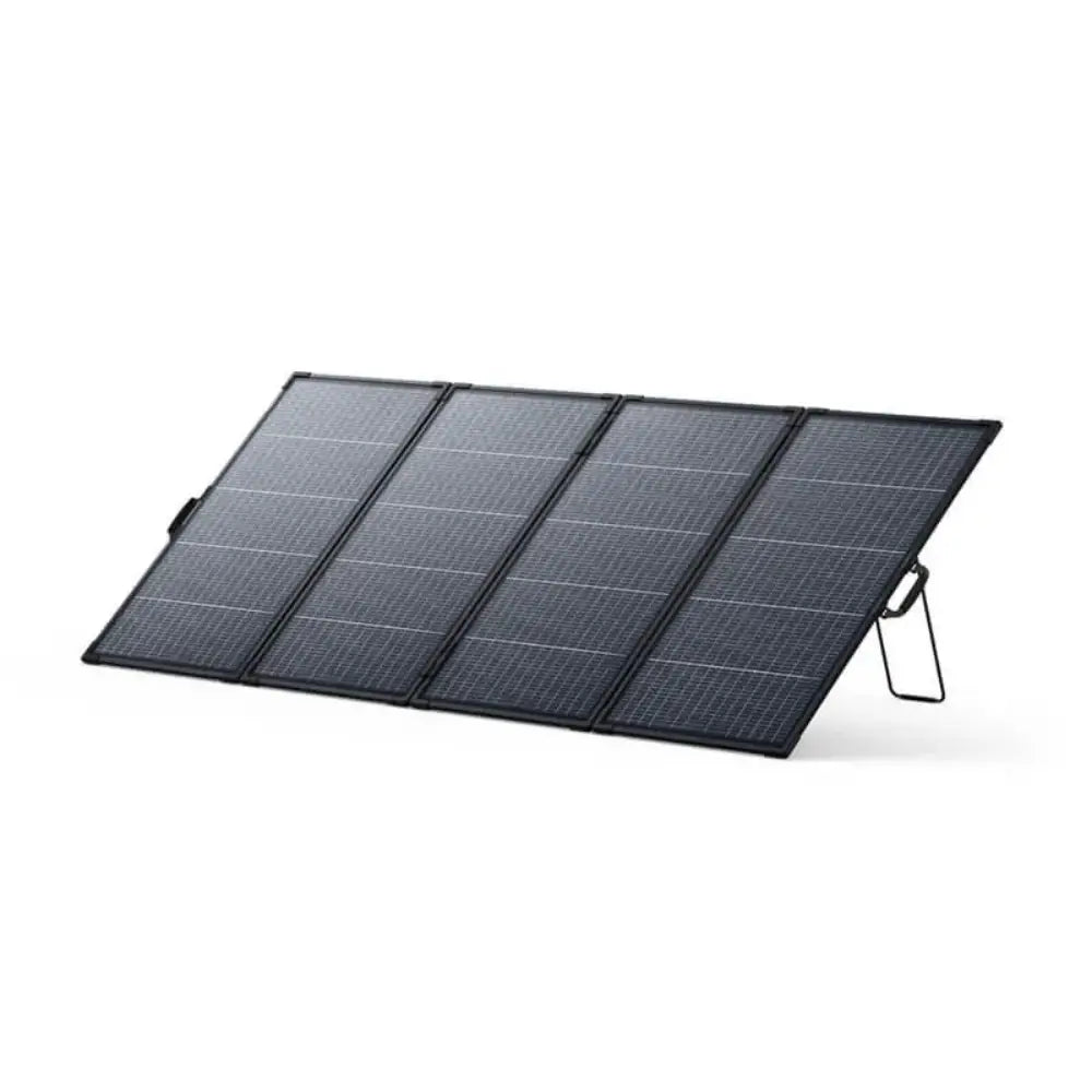 Anker SOLIX PS400 bifacial portable solar panel with four black foldable sections and metal kickstand displayed at an angle against white background