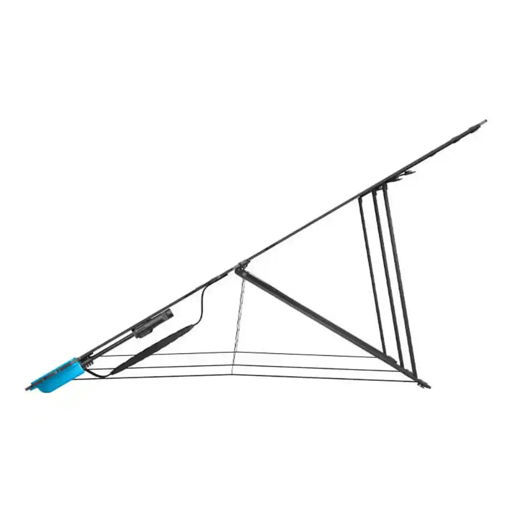 Anker SOLIX PS100X portable solar panel with black aluminum frame and blue inflatable foot, displayed in side profile view showing triangular support structure and multiple solar cells