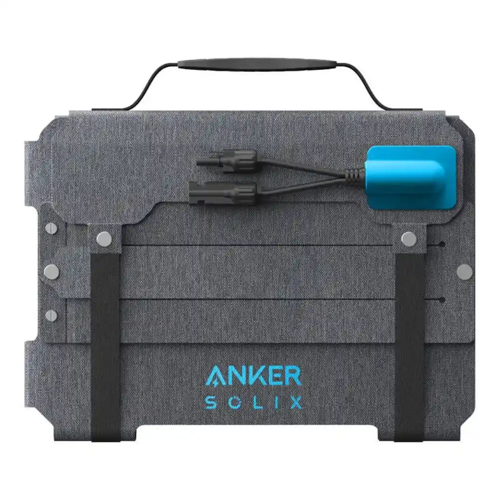 Anker SOLIX PS100X portable solar panel with gray fabric case, black carry handle, and bright blue solar connector cable displayed from front view