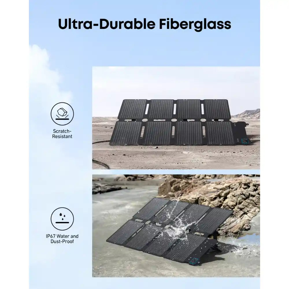Ultra-durable black fiberglass Anker SOLIX PS100X portable solar panel displayed in desert and water environments, highlighting scratch-resistant and IP67 water and dust-proof features with dual image showcase of outdoor durability