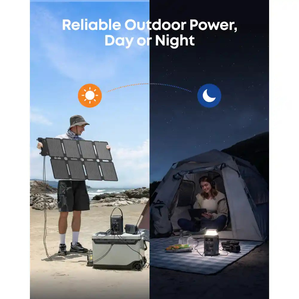 Anker SOLIX PS100X portable solar panel being used during day and night - left side shows man holding black foldable solar panel on beach under orange sun icon, right side shows woman inside tent at night using power station with moon icon, demonstrating reliable outdoor power generation in all conditions