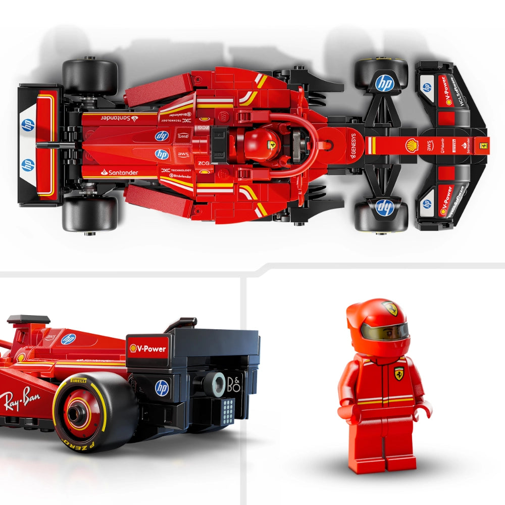 LEGO Ferrari SF-24 F1 Race Car 77242 set featuring red brick-built Formula 1 car with black wheels and sponsors including HP and Santander, displayed with detailed side view, engine detail, and red racing driver minifigure with helmet
