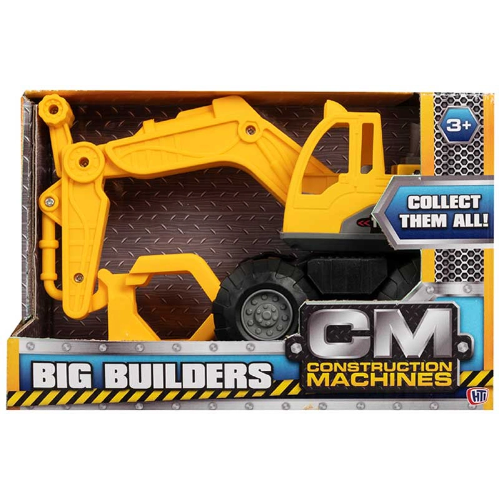 Toy excavator in packaging with 'Big Builders Construction Machines' branding.