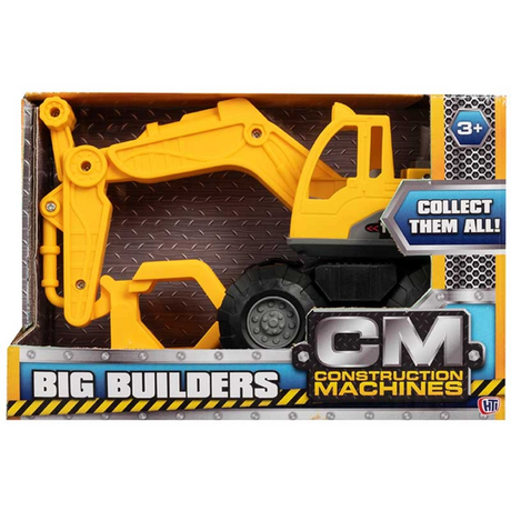 Toy excavator in packaging with 'Big Builders Construction Machines' branding.