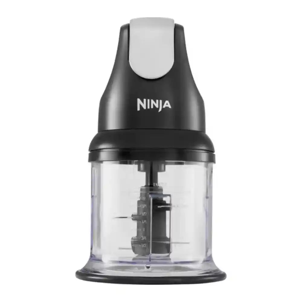 Ninja Professional Stackable Chopper 200W NJ1002UKBK with black motor housing, white lid, and clear glass bowl featuring measurement markings and central chopping blade mechanism