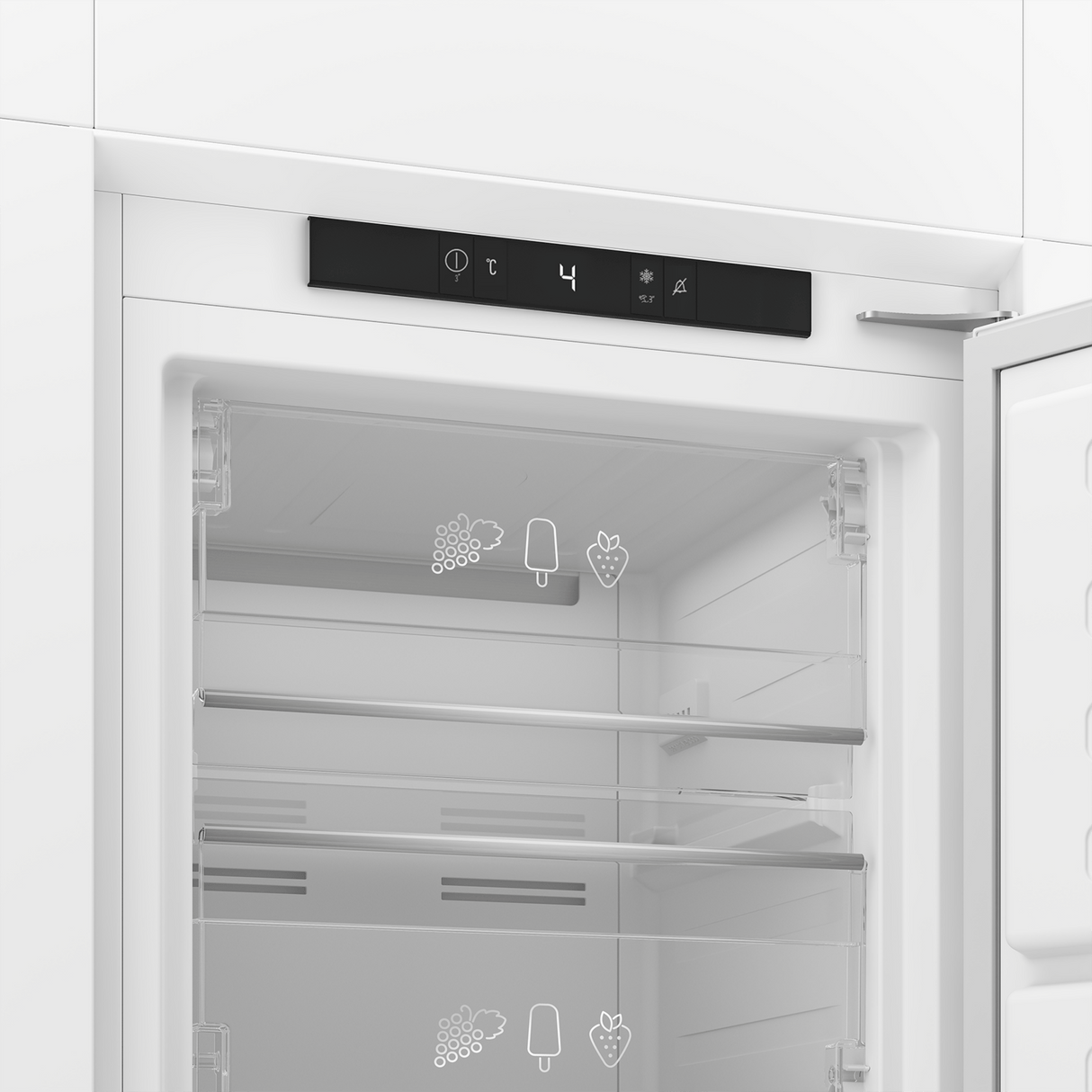 Blomberg integrated frost free freezer with white cabinetry, digital control panel displaying temperature setting of 4 degrees, and transparent shelving with fruit and ice cream icons indicating storage zones