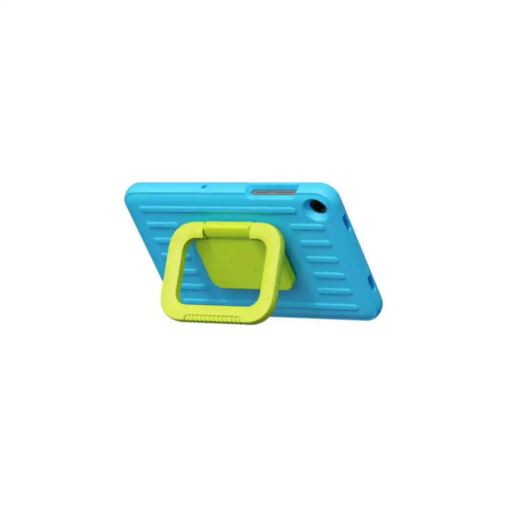 Samsung Galaxy Tab A11+ Kids protective case in bright blue with lime green handle stand, featuring textured grip design and camera cutout