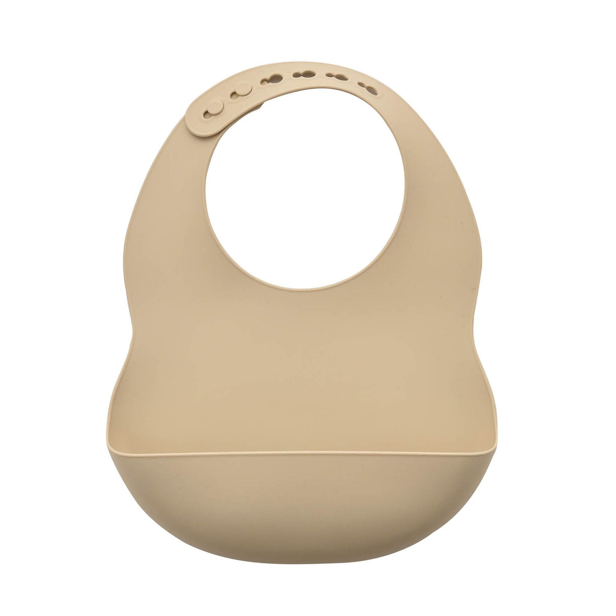 Beige silicone baby bib with integrated bowl and adjustable neck closure featuring feeding scoop attachment
