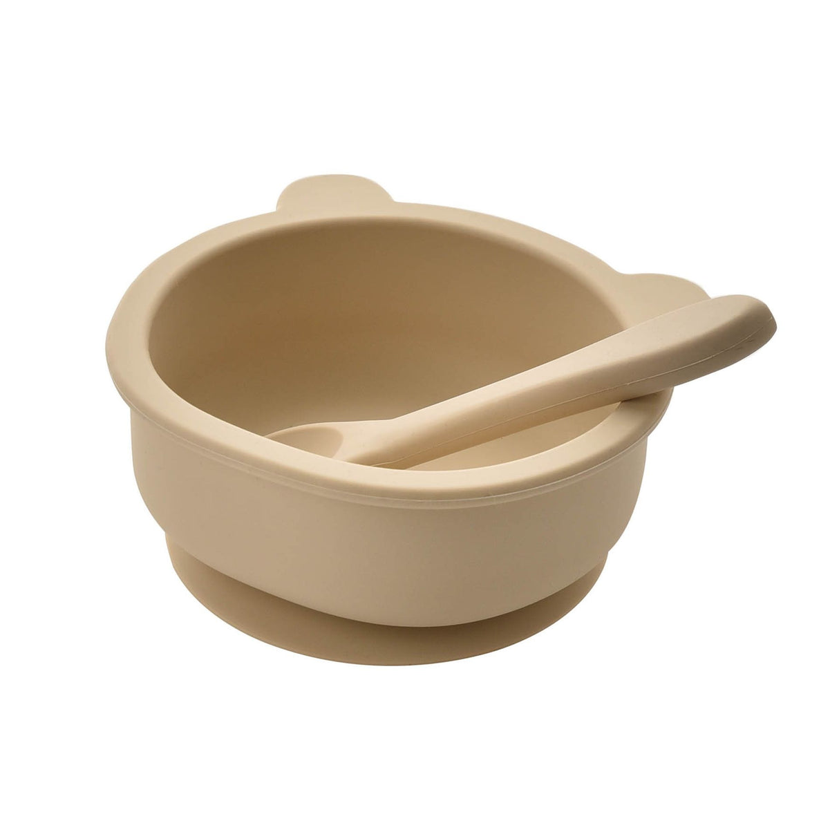 Bambino natural silicone feeding set featuring a beige suction bowl with matching spoon on white background