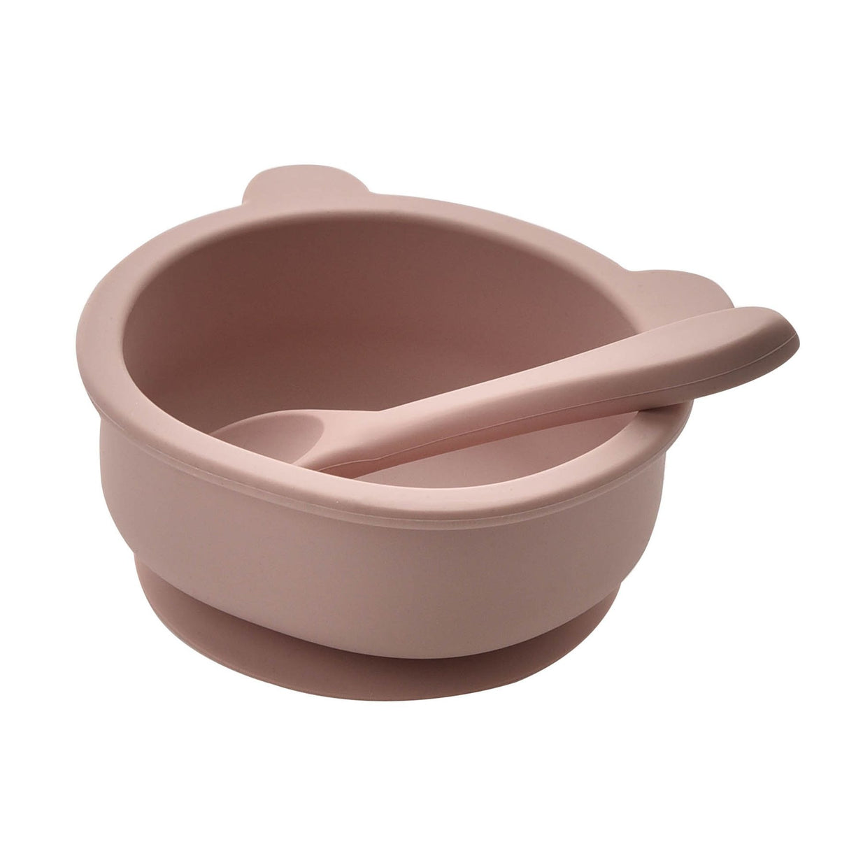 Bambino silicone feeding bowl and spoon set in blush pink with suction cup base and animal ear design for babies