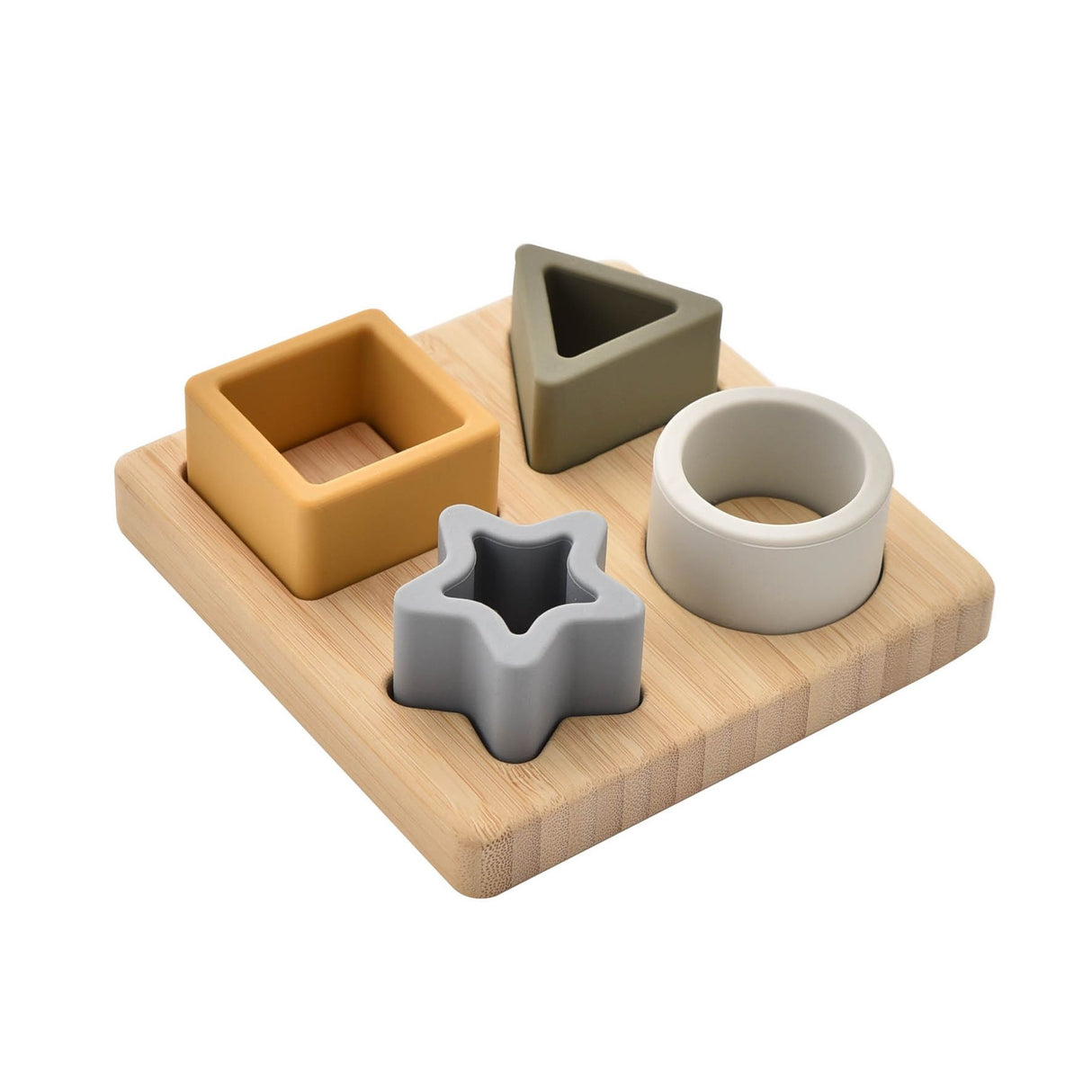 Bambino silicone and bamboo star puzzle featuring four colorful shapes including a yellow square, olive green triangle, gray star, and white cylinder on a natural wood base