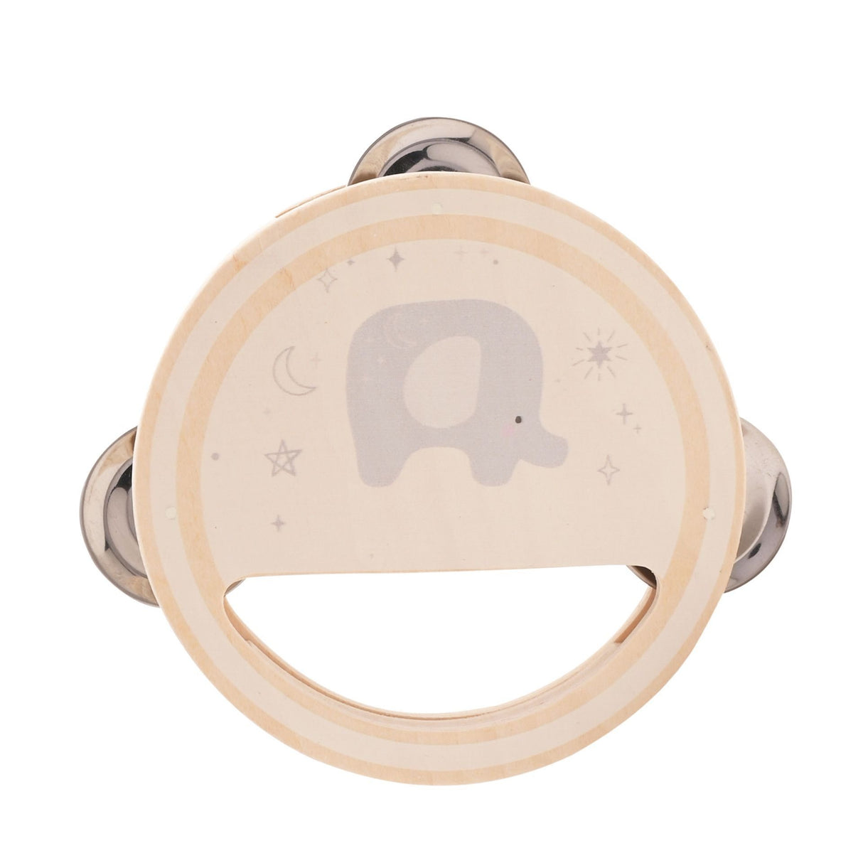 Bambino wooden 3pc music set featuring a natural wood rattle with chrome handles, decorated with a grey elephant and celestial moon and star design
