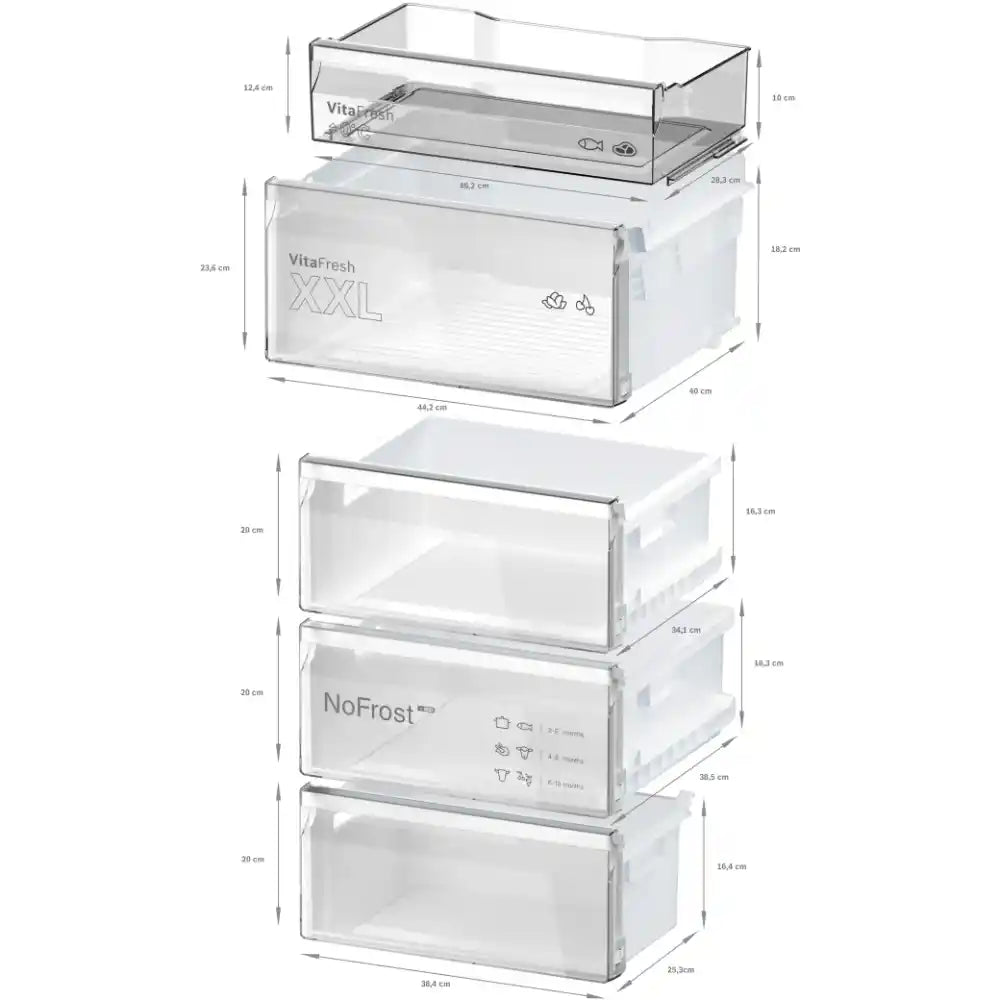 Bosch Series 4 KGN392WDFG white fridge freezer with internal compartment dimensions showing VitaFresh storage drawer, NoFrost freezer section, and multiple storage compartments displayed in exploded diagram view