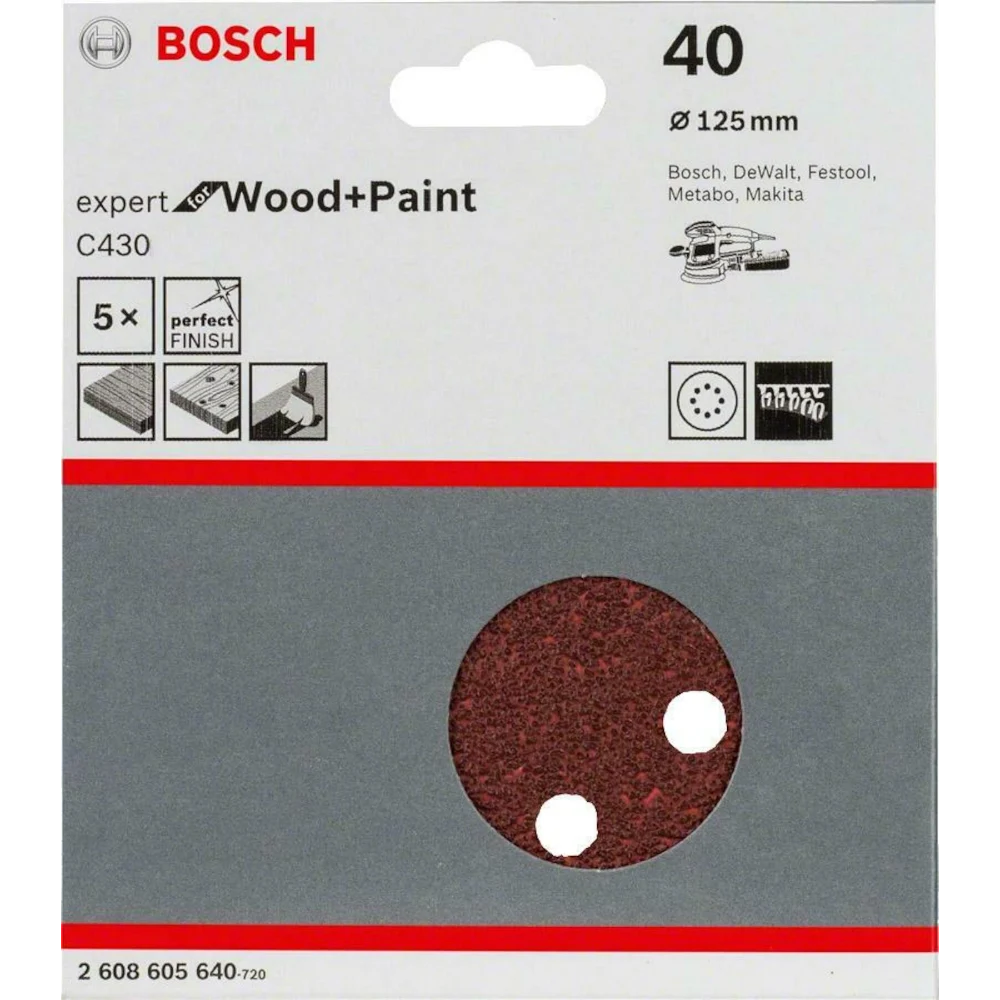 Bosch 125mm Orbital Sanding Discs 40 Grit 5 Pack | 2608605640
