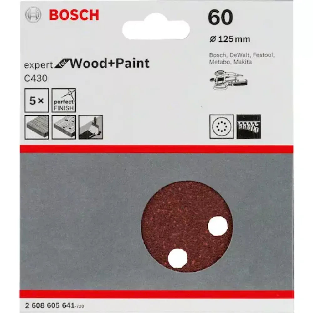 Bosch 125mm Orbital Sanding Discs 60 Grit 5 Pack | 2608605641