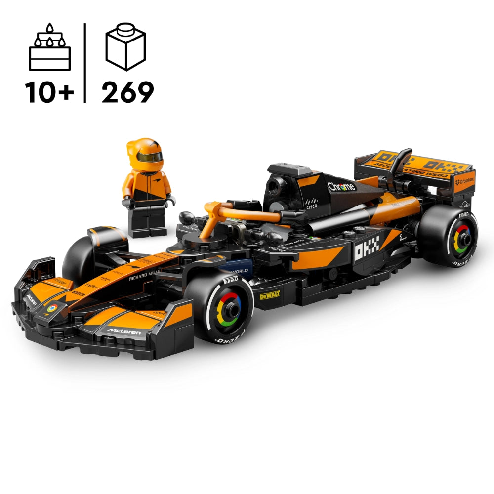 LEGO McLaren F1 Team MCL38 Race Car set 77251 featuring orange and black Formula 1 vehicle with minifigure driver in racing suit, detailed chassis components and sponsor logos including Richard Mille and DeWalt, 269 pieces for ages 10+