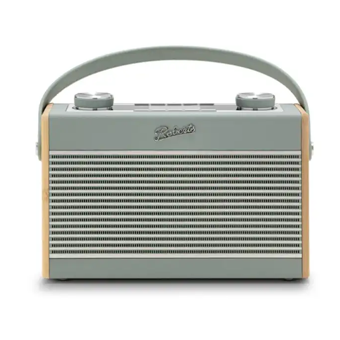 Roberts Rambler Max Smart DAB+ FM Radio in duck egg blue and natural wood finish with carrying handle and dual control knobs