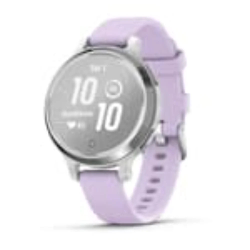 Garmin Lily 2 Active 38mm smartwatch with silver case and lavender purple silicone band displaying 10:10 on circular dial