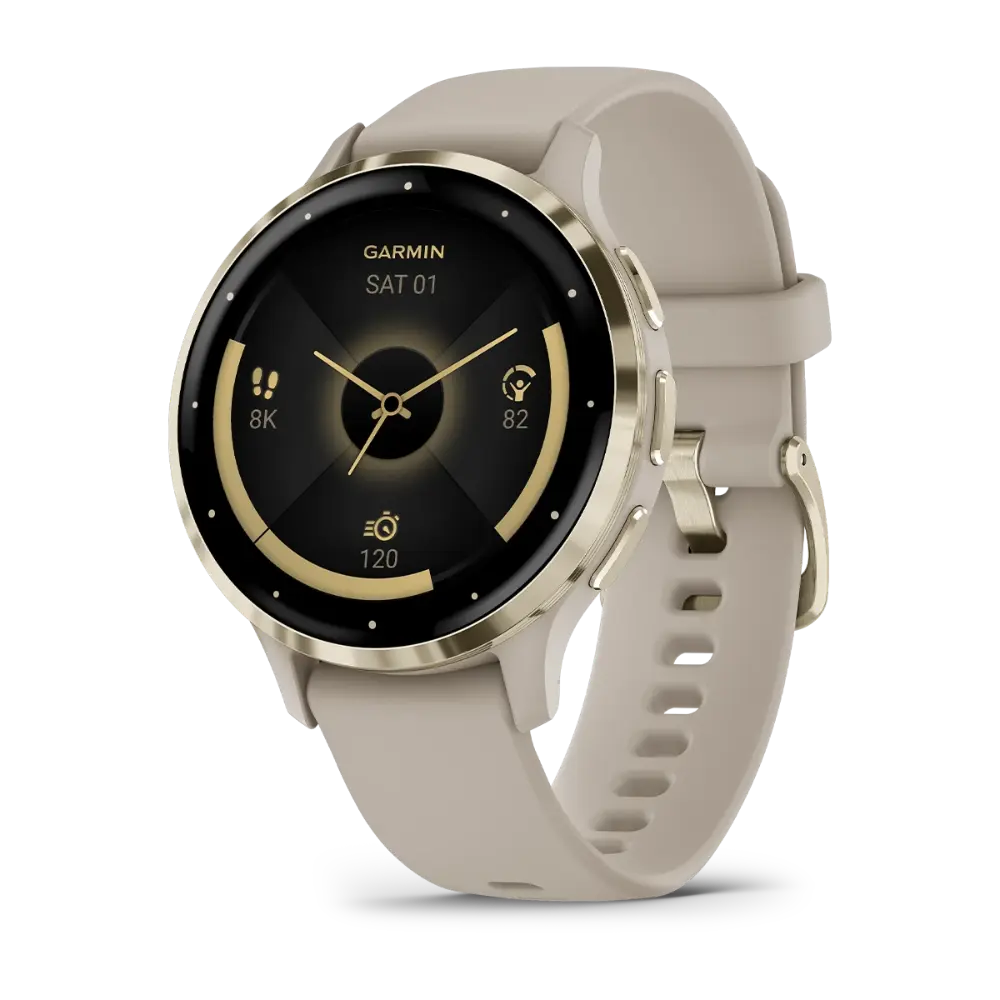 Garmin Venu 3S Soft Gold Stainless Steel Bezel Silicone Band - French Grey | 49-GAR-010-02785-02
