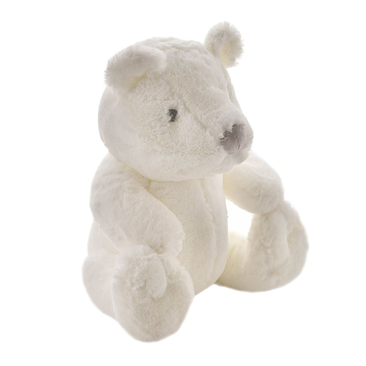Large white plush teddy bear with soft fluffy fabric, rounded ears, embroidered nose and eyes, sitting upright position, 31cm Bambino brand stuffed animal toy