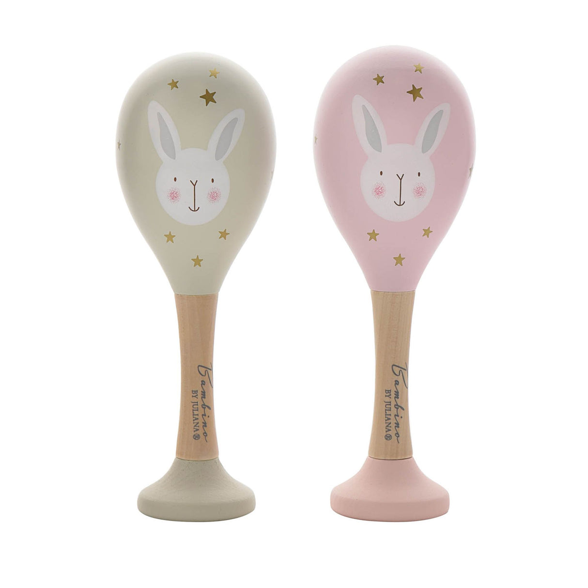 Two maraca toys with rabbit designs on beige and pink backgrounds