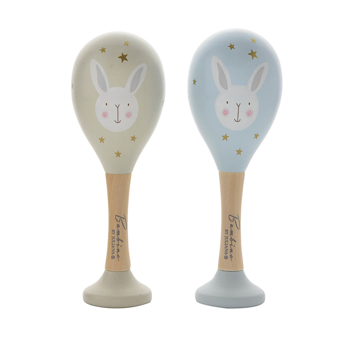 Two maraca shakers with rabbit designs on a white background