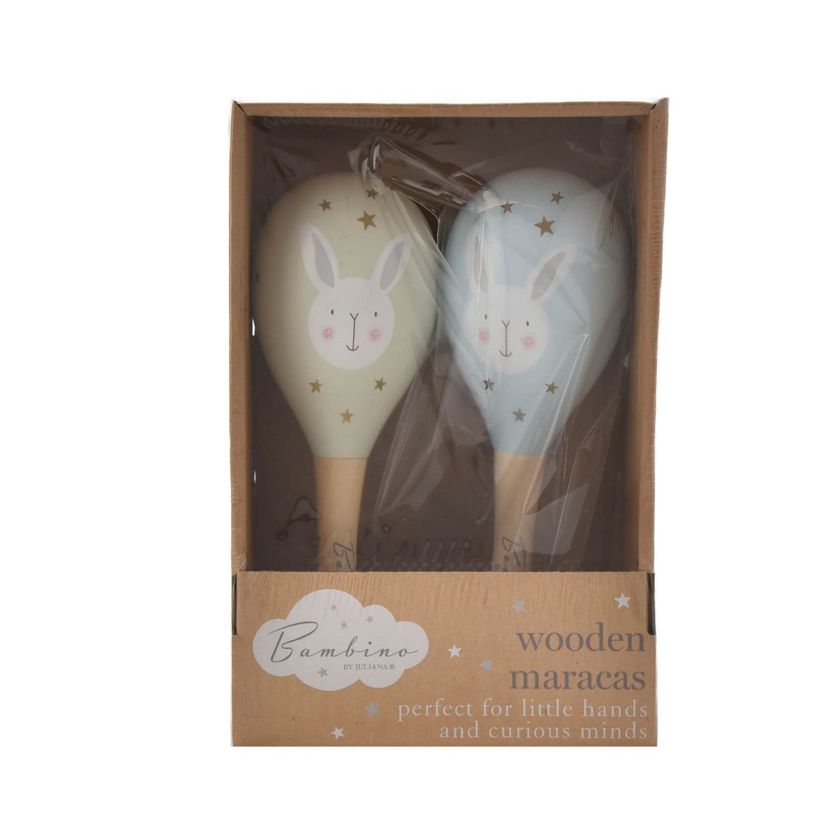 Bambino by Juliana wooden maracas set featuring two rabbit-shaped rattles with cream and blue bodies, hand-painted bunny faces with pink cheeks, and gold stars, displayed in cardboard packaging labeled perfect for little hands and curious minds