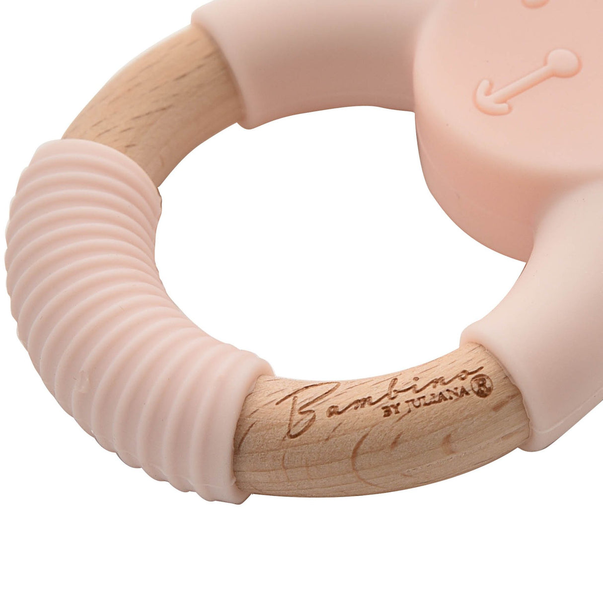Bambino Teddy Teether in pink with natural wood handles and textured silicone body, designed for infants