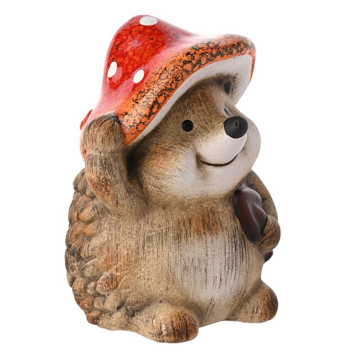 Wooden hedgehog figurine wearing a red and white polka dot mushroom toadstool hat, hand-carved garden ornament with natural wood finish and painted details