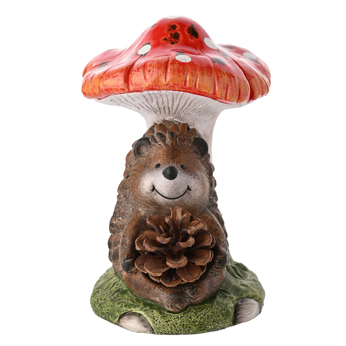 Hedgehog figurine with a red mushroom hat on a white background