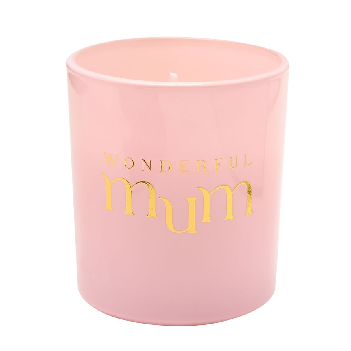 Pink cylindrical scented candle with gold foil text reading "wonderful mum" and a white wick visible at the top