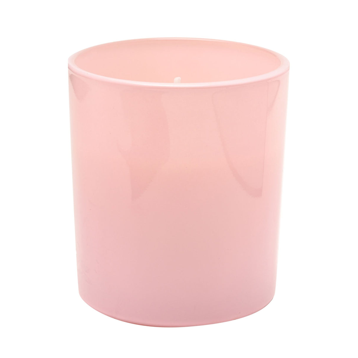 Pink cylindrical scented candle with white rim in a modern minimalist style, displayed against a white background
