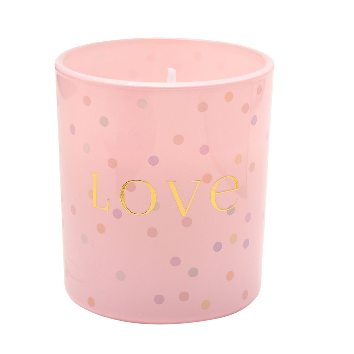 Pink cylindrical scented candle with gold "Love" text and multicolored confetti dot pattern design, 120g Celebrations Confetti candle with white wick visible