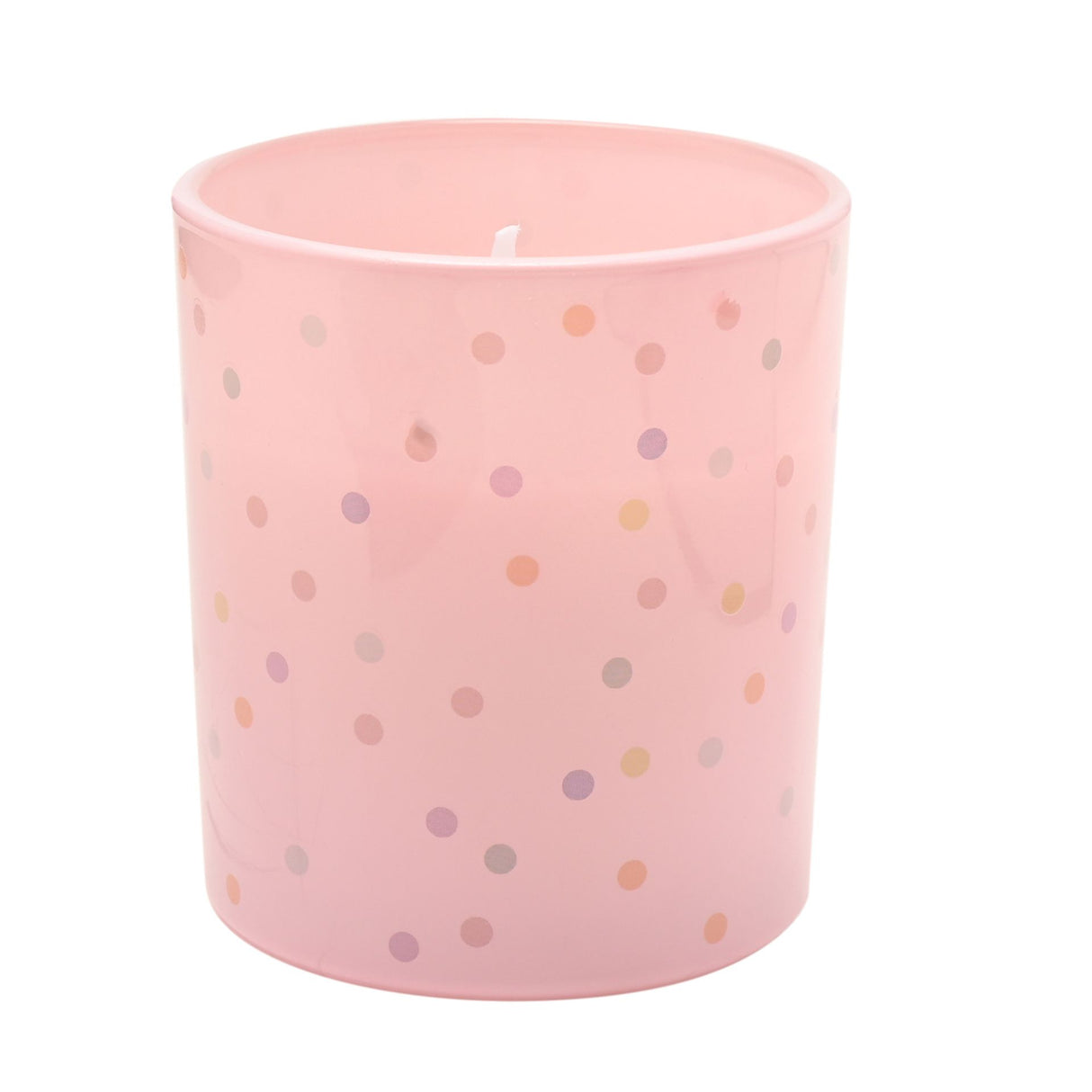 Pink cylindrical scented candle with multicolored polka dot pattern featuring purple, beige, and coral dots throughout, white wick visible at top, Celebrations Confetti 120g Love candle