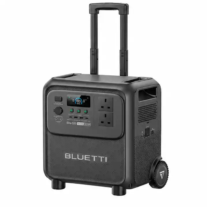 Bluetti Elite 320 portable power station with dark gray textured exterior, retractable handle, digital display panel with blue LED screen, multiple power outlets, front-facing controls, and wheels for mobility