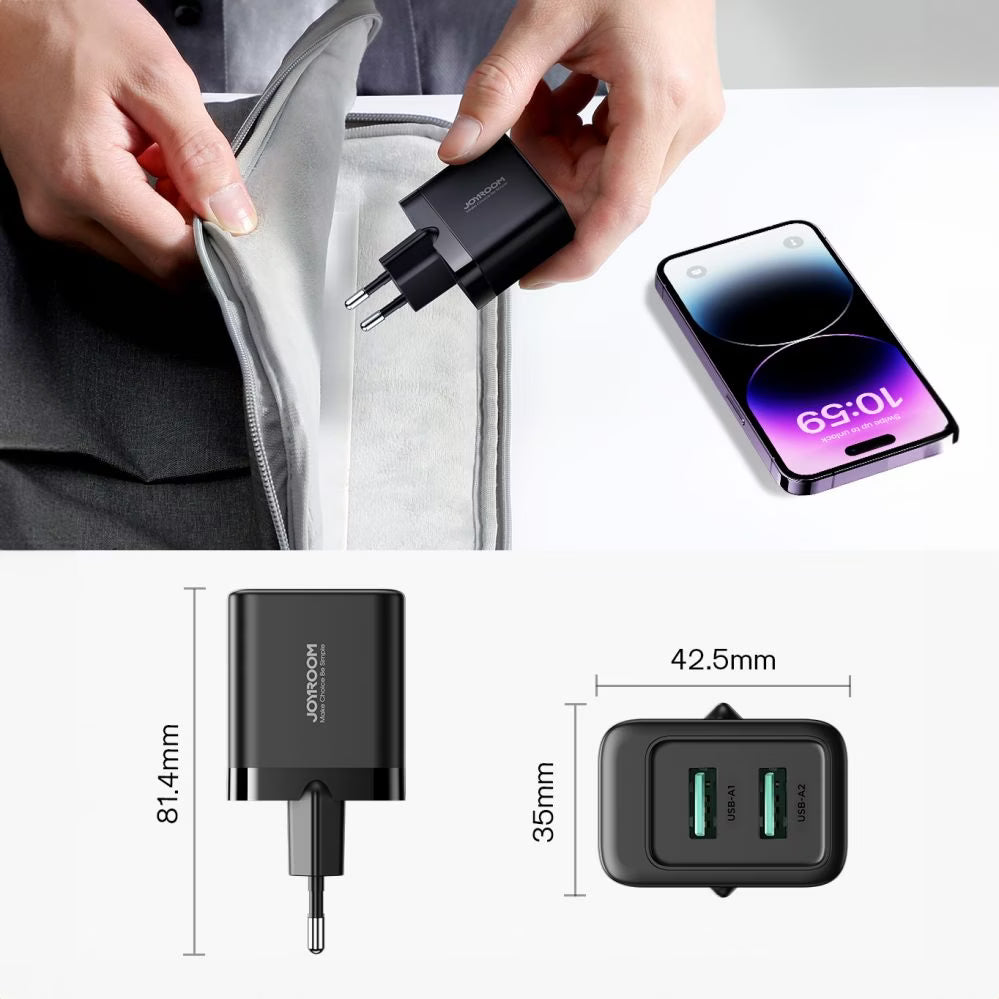 Joyroom 12w Dual Port USB A Charger Plug - Black | HL-TCN01B