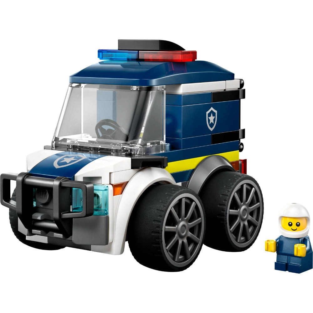 LEGO police truck building set with white and dark blue brick construction, red and blue light bar on roof, large black wheels, shield emblem on side, yellow stripe detail, and included minifigure police officer with yellow accessories