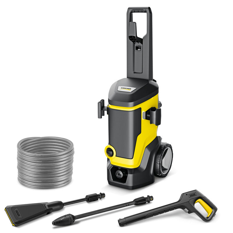 Kärcher K7 WCM Flex Eco Booster pressure washer with yellow and black body, featuring coiled hose, spray gun, and extension wand accessories displayed against white background