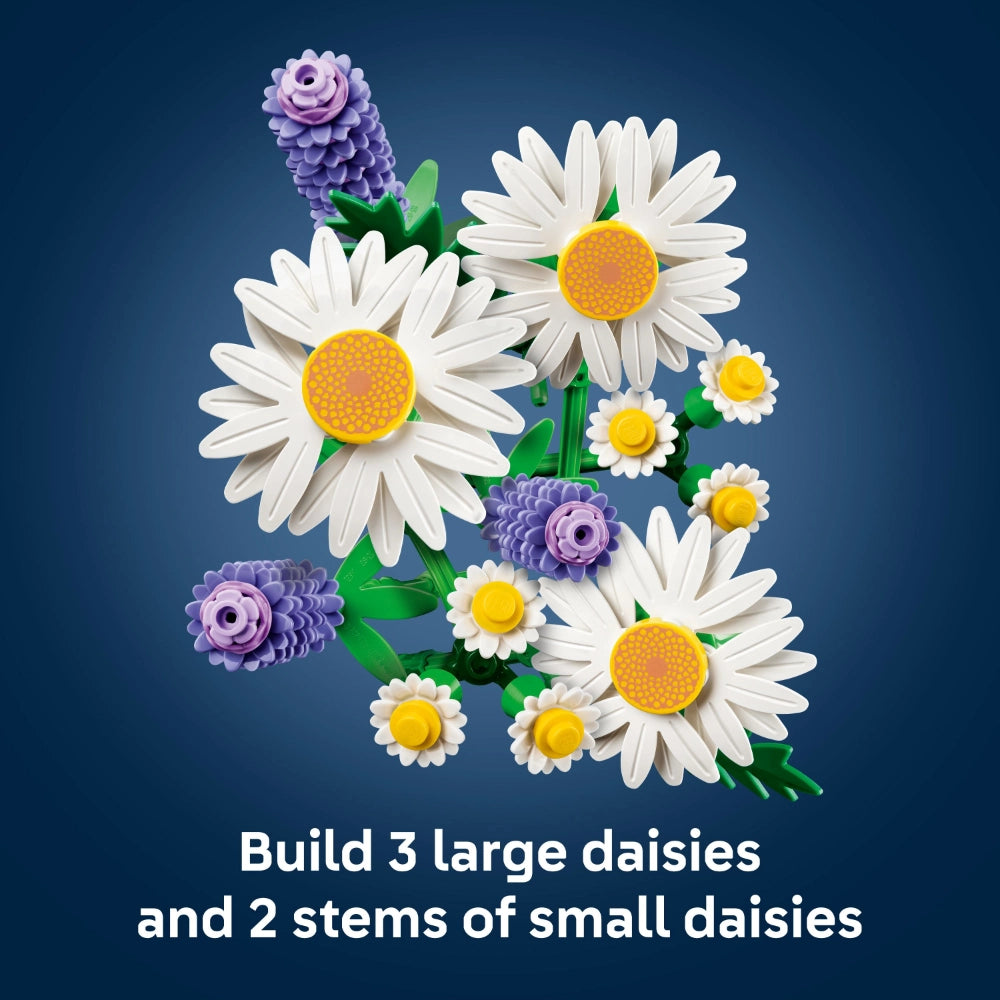 LEGO Daisies 11508 building set featuring three large white daisies with yellow centers, small white daisies with yellow centers, purple dahlia flowers, and green stems arranged on a dark blue background with product description text below