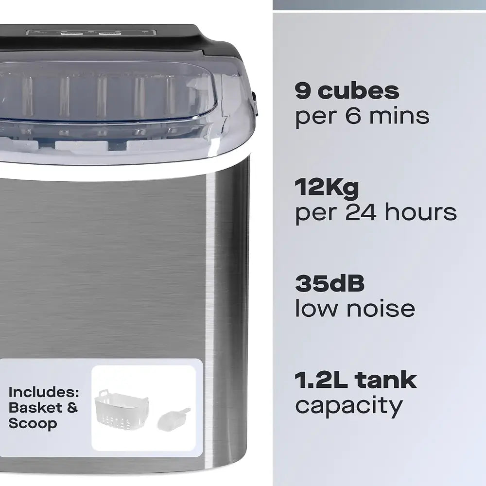 Daewoo stainless steel ice cube maker machine with 1.2L tank capacity showing 9 cubes per 6 minutes production rate, 12kg per 24 hours output, 35dB low noise operation, includes basket and scoop accessories