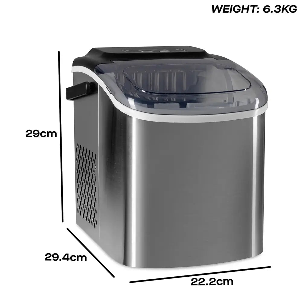 Daewoo stainless steel ice cube maker machine with 1.2 litre tank, 29cm height, 29.4cm depth, 22.2cm width, 6.3kg weight, featuring black top handle and control panel with transparent lid on white background