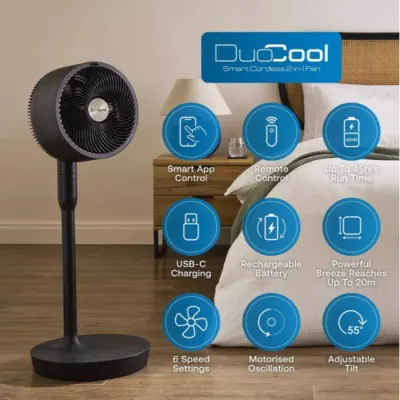 Dimplex Duocool 2 in 1 graphite pedestal and desk fan with smart app control, displaying key features including 6 speed settings, motorised oscillation, adjustable tilt, USB-C charging, rechargeable battery, powerful breeze up to 10m, and remote control capability