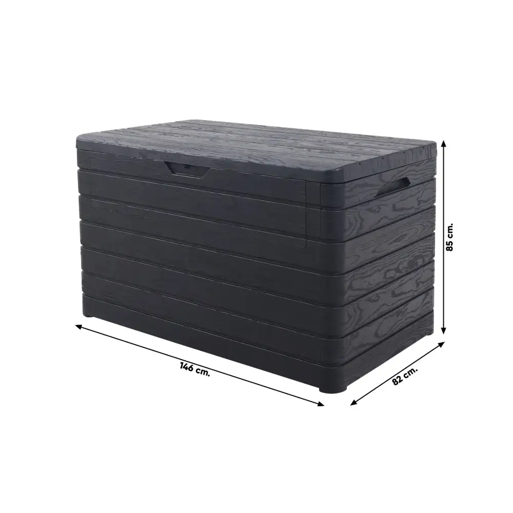 Black plastic garden storage box with horizontal ribbed design, dimensions 146cm x 82cm x 85cm, featuring hinged lid and carry handles for outdoor cushion and equipment storage